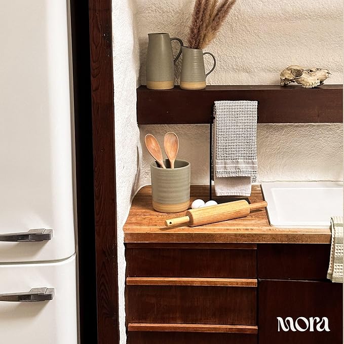Mora Ceramic Kitchen Utensil Holder - Wooden Spoon & Spatula Crock for Countertop, Modern Farmhouse Home Decor, Extra Large 7.3" Cooking Organizer for Stove Top and Counter - Heavy & Sturdy - Thyme