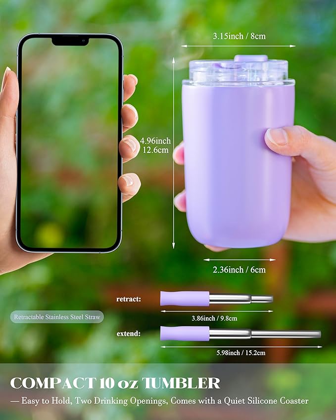 10 oz Insulated Coffee Tumblers, Travel Coffee Tumblers with Straw, Double-Wall Stainless Steel Tumbler, Leak Proof Tumbler, Reusable Cups with Lids for lced and Hot Drinks (Purple)