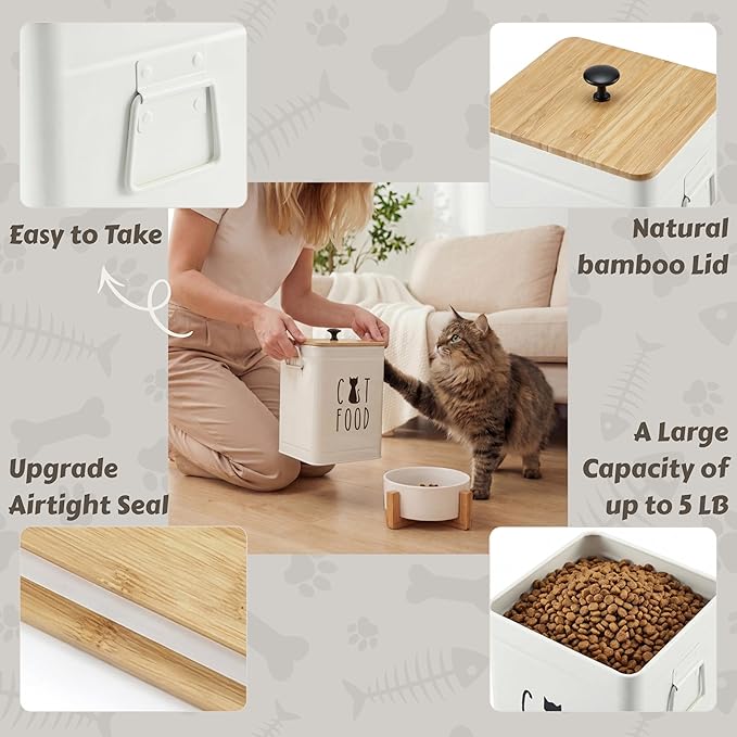 PERFNIQUE Cat Food Storage Container, Airtight Cat Treat Container with Bamboo Lid, 25 Cup Pet Food Storage for Kitchen Countertop, Treat Jars for Pets, Cat Food Container (White, with Spoon)