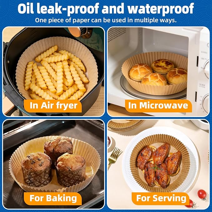 Ninja 4qt/5.5qt Round Air Fryer Liners Disposable, HONYAO 200pcs 8 inch Strong Paper Liner for most 5qt - 8qt Circle Airfryer Basket, BPA Free Food Grade Accessories for Oven Microwave (9'' on Top)