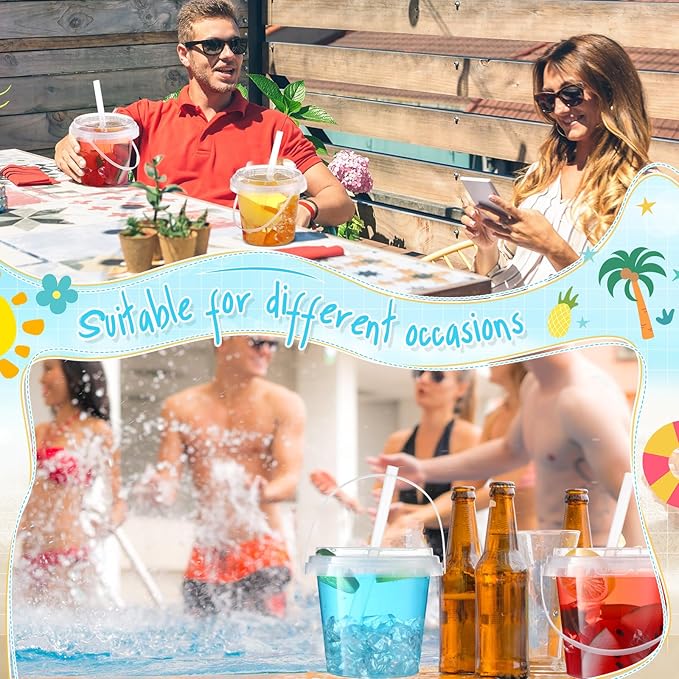 Funnymoom 50 Set 24oz Clear Plastic Drink Buckets with Lids and Straws Disposable Iced Coffee Cups Rum Buckets for Cocktail Parties Smoothie Cup Bulk with Handles for Beach Pool Party Supplies