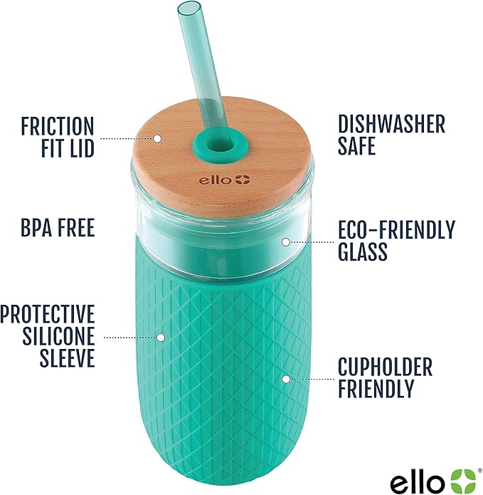 Ello Devon 18oz Glass Tumbler with Straw, Friction Fit Bamboo Wood Lid and Silicone Sleeve | Perfect for Iced Coffee, Tea, and Smoothies