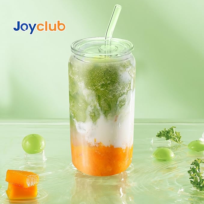 Joyclub 4pcs Glass Cups with Acrylic Lids and Straws 16 oz Can Shaped Glass Iced Coffee Cups with Lids and Straws, Cute Tumbler Cup Drinking Glasses for Smoothie Whiskey Boba Soda Tea Gift