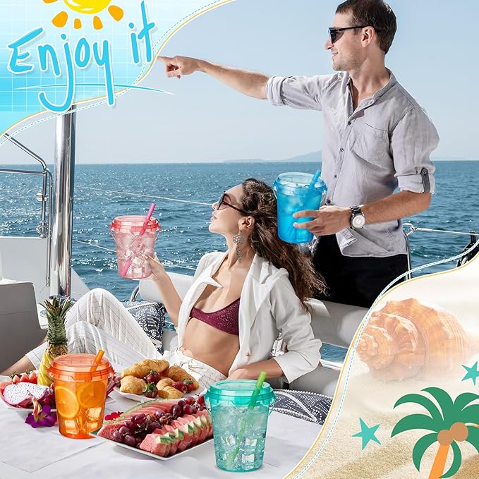 Funnymoom 60 Set 34oz Disposable Plastic Drink Buckets with Lids and Straws Pastel Iced Coffee Cups Rum Buckets for Cocktail Parties Smoothie Cup Bulk with Handles for Beach Pool Party Supplies