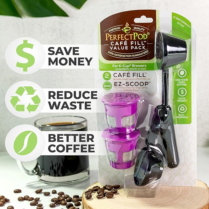 Cafe Fill Value Pack by Perfect Pod - 1-Stream Reusable K Cup Coffee Pod Filters & Scoop, Compatible with Keurig K-Duo, K-Mini, 1.0, 2.0, K-Series and Select Single Cup Coffee Makers