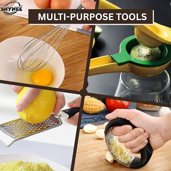 SHYNEE 4PCs Kitchen Essentials Kit – Lemon Squeezer, Garlic Press, Stainless Steel Whisk, Multi-Use Grater, Cheese Grater – Durable, Easy to Clean Cooking Tools Set for Everyday Meal Prep