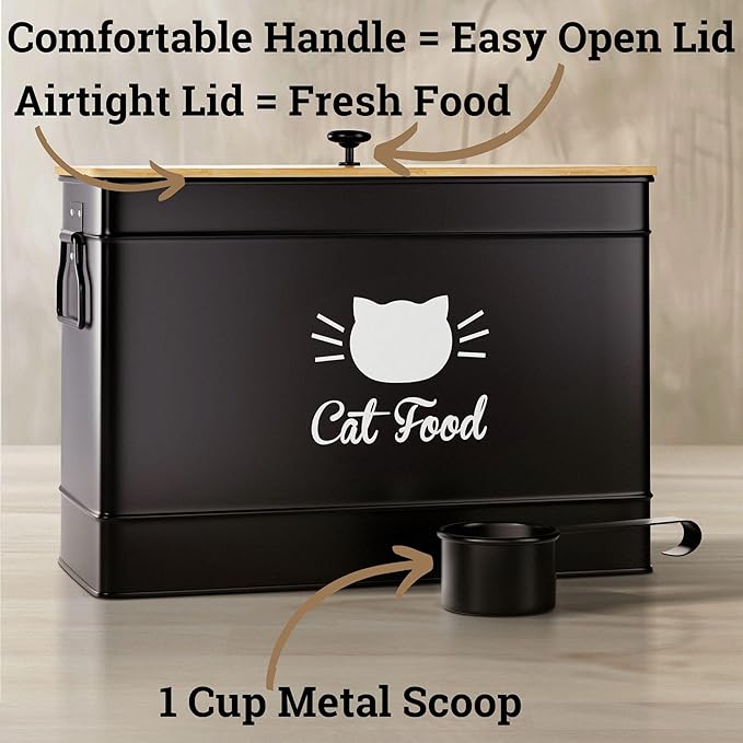 Cat Food Storage Container with Scoop - 15 lb (50 Cup) Capacity Metal Cat Food Container with Airtight Bamboo Lid & Metal Scoop - Airtight Pet Food Storage Containers - 15 lb Treats & Kibble Container