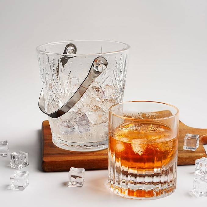 Clear Glass Ice Bucket with Ice Tong and Handle 33.8 oz Crystal Ice Cube Busket Cocktail Bar Champagne Bucket for Parties Wine Accessory