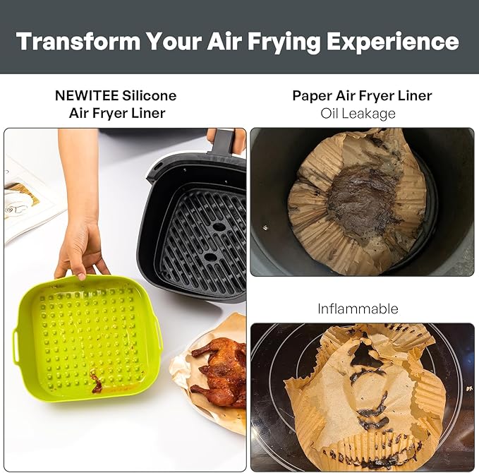 NEWITEE Air Fryer Silicone Liners 5 Qt For Ninja AF141/AF181/COSORI, 2 Pack BPA Free Platinum Air Fryer Basket Liners, Square Ninja Reusable Silicone Liner Accessories Replacement for Parchment