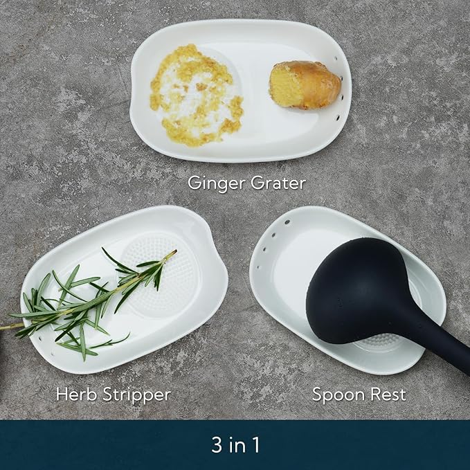 KITCHENDAO 3 in 1 Porcelain Ginger Grater Tool Spoon Rest Herb Stripper, 6.5 x 4.3 inches for Kitchen, Japanese Ceramic Garlic Grinding Wasabi Grater Plate Dish for Daikon Radish & Parmesan Cheese