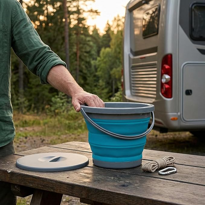 Bekith 2 Pack Collapsible Plastic Bucket with Locking Lid, 5L / 1.32 Gallon Foldable Round Tub Portable Fishing Water Pail for Hiking, Backpacking, Camping and Outdoor Survival (Blue, Gray)