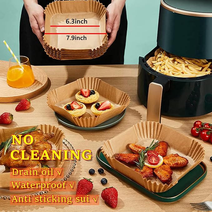 Air Fryer Liners Disposable 120PCS, 7.9 Inch Square Non-Stick Parchment Paper Baking Liners for Most Air Fryers, Food Grade Greaseproof Basket Sheets for Easy Cleanup