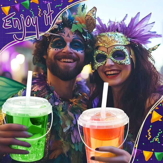 Funnymoom 30 Set Clear Plastic Drink Buckets with Lids and Straws 34oz Disposable Iced Coffee Cups Rum Cocktail Pails Large Smoothie Cup Bulk with Handles for Summer Beach Pool Party Supplies