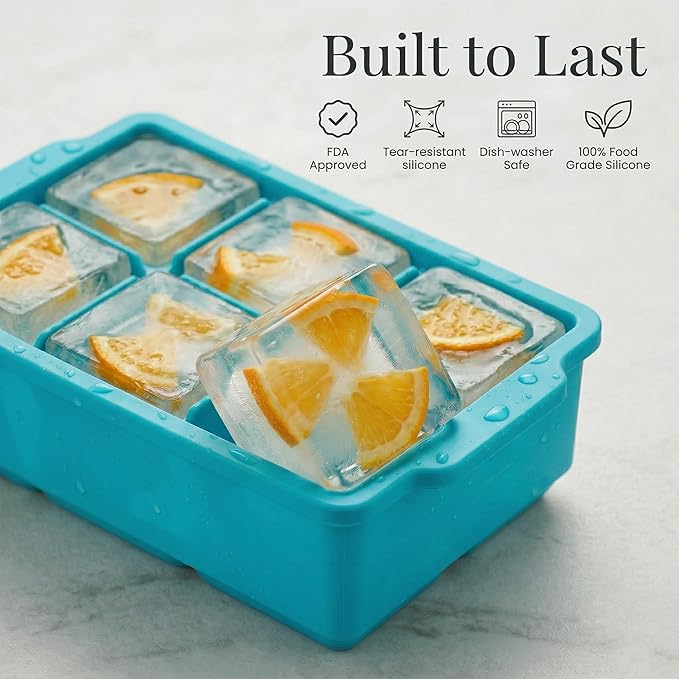 KitchFort Large Silicone Ice Cube Tray (2-Pack), Easy Release 2" Big Ice Cubes - Cocktail, Whiskey Ice Cubes Mold - Ice Trays for Freezer with Lid - Stackable Silicone Ice Tray - Turquoise