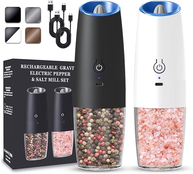 UNNEES Rechargeable Electric Salt and Pepper Grinder set of 2, gravity electric salt and pepper grinder set, Adjustable Roughness, LED Light, 2 Pack, (Black&White)