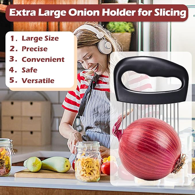 Hendiy Extra-Large Onion Holder for Slicing, Tomato Slicer with 16 Long Needles, Stainless Steel Onion Cutter Vegetable Chopper, Extra-Large Tomato Potato Slicer, Meat Tenderizer, Food Slicing Guide