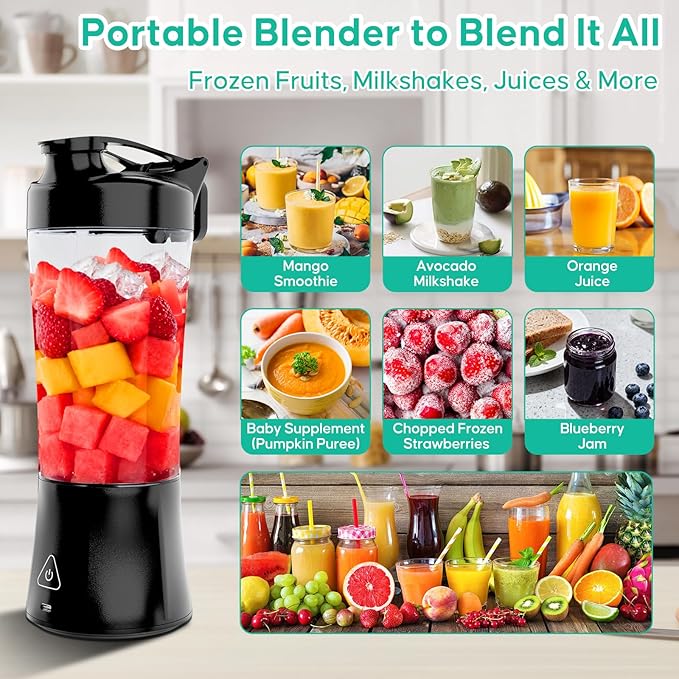 Portable Smoothie Blender,Cordless Blender Bottle Electric,24oz. Vessel,USB-C Rechargeable portable juicer, Electric Protein Shaker Bottles with Leakproof Lid, Ideal for Shakes and Frozen Drinks