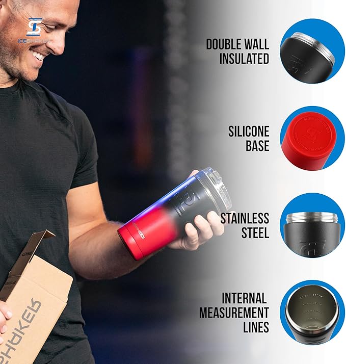 Ice Shaker Insulated Stainless Steel Shaker Bottle | 26oz, Red/black | Cold for 30+ Hours | Insulated Cup with Twist-on Agitator | Odor-Free Bottle for Protein Shakes, Water, Smoothies, Cocktails