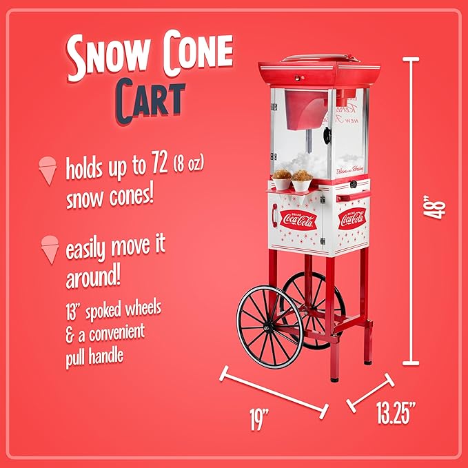 Nostalgia Coca-Cola 48-Inch Tall Snow Cone Cart, Makes 48 Icy Treats, Includes Metal Scoop, Storage Compartment, Wheels For Easy Mobility – Coke Red