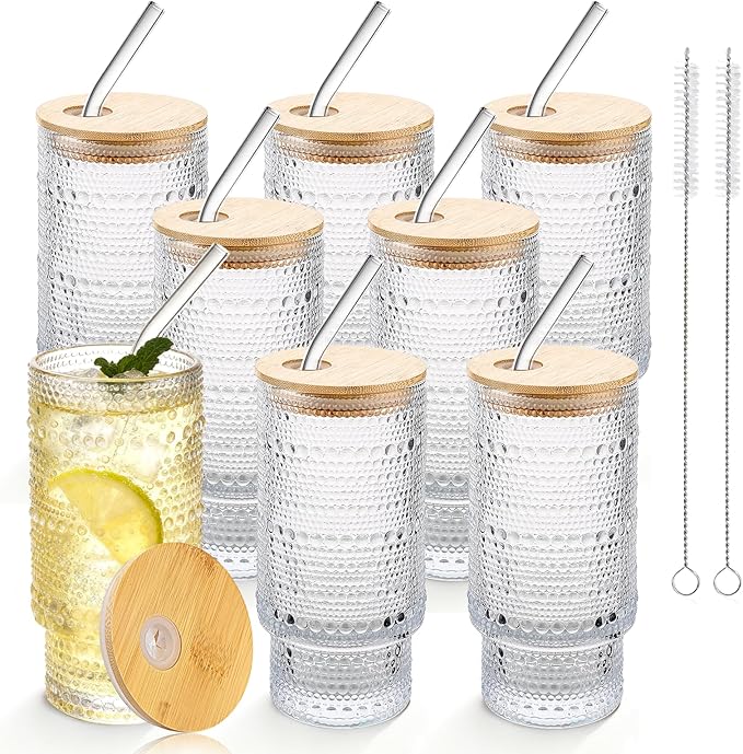 Hobnail Drinking Glasses 16 oz, 8 Pack Vintage Hobnail Glassware, Clear Water Glasses Tumbler, Kitchen Cups for Juice, Beer, Cocktail, Whiskey