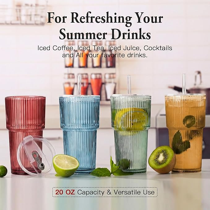 6PCS Ribbed Glass Cups with Lids and Straws, 20oz Vintage Drinking Glasses, Aesthetic Iced Coffee Cups, Glass Tumbler for Boba, Beer, Tea, Cocktails, Ribbed Glassware Set (Colored-6)