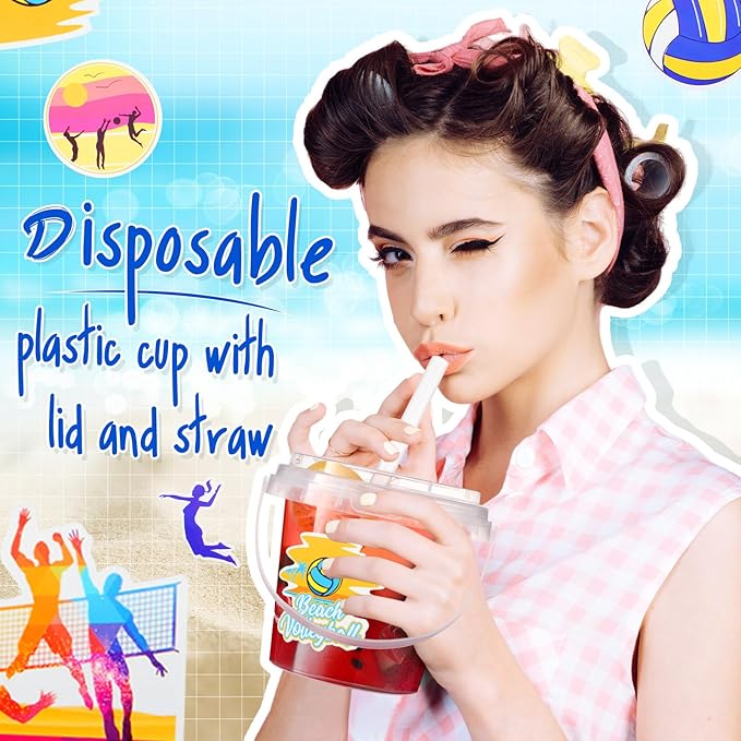 Funnymoom 30 Set Volleyball Clear Plastic Cups with Lids & Straws 24oz Disposable Rum Drink Buckets Bulk for Cocktail Parties with Handles & Stickers for Holiday Birthday Beach Pool Party Supplies