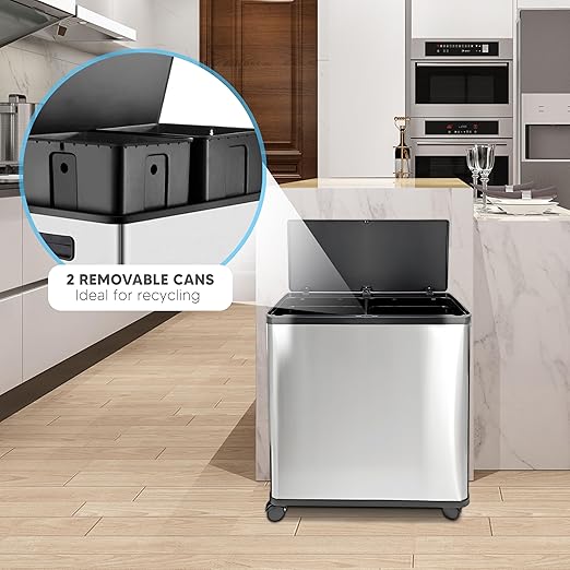 HOLDN’ STORAGE 60L Dual Kitchen Trash & Recycling Bin, Motion Sensor Opening, Soft-Close Lid, Removable Inner Buckets, Stainless Steel, 2 Trash Bag Rolls Included