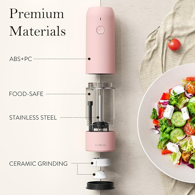 Ultrean Pepper Grinder, Rechargeable Salt and Pepper Grinder with 6 Adjustable Coarseness, LED Light, Automatic Grinder for Kitchen, Cooking Gifts for Women Valentines Day Gifts for Her, Pink