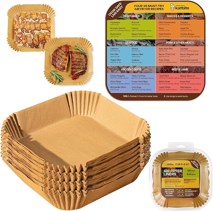 Katbite Air Fryer Liners Disposable - 8 inch Square Non-Stick Airfryer Paper Liners with Recipe Fridge Magnet, Unbleached Parchment Paper for 5 to 8 Qt Basket, Easy Cleanup, 130pcs