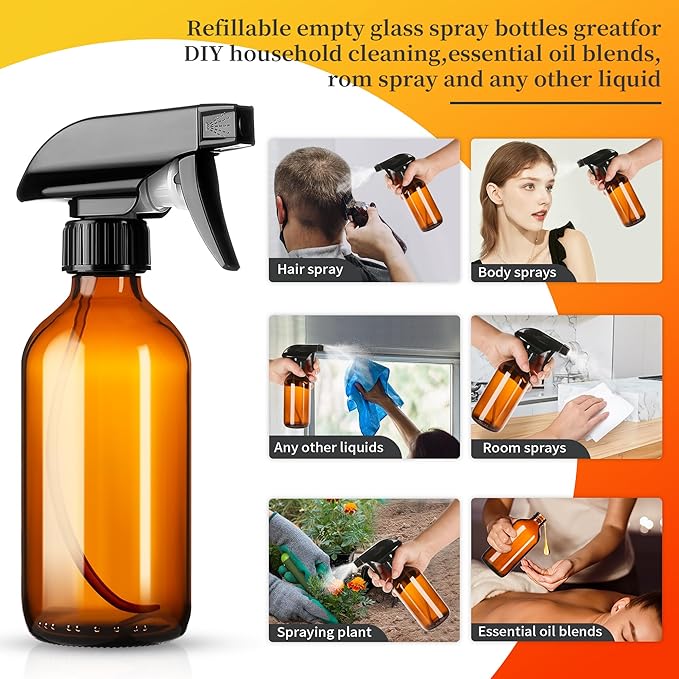 Vitreaux 6 Pack 8oz Amber Glass Spray Bottles,Glass Spray Bottles Refillable Empty Containers with Adjustable Nozzle,Spray Bottle for Essential Oils,Cleaning Solutions,Hair Mister,Pets