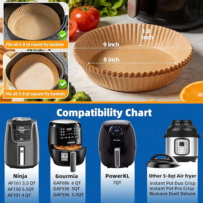 Ninja 4qt/5.5qt Round Air Fryer Liners Disposable, HONYAO 200pcs 8 inch Strong Paper Liner for most 5qt - 8qt Circle Airfryer Basket, BPA Free Food Grade Accessories for Oven Microwave (9'' on Top)