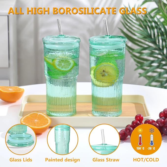 QWEZXO 20 OZ Glass Cup with Lids and Glass Straws, High Borosilicate Iced Coffee Glass Tumblers with Lid and Straw for Drinks, 2pcs Reusable Wide Mouth Smoothie Cup(Cyan)