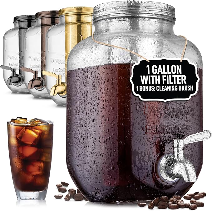 Zulay 1 Gallon Glass Drink Dispenser for Parties – with Spout Lid and Stainless Steel Filter – Leak-Resistant Beverage Dispenser for Events – Lemonade Iced & Sun Tea Infused Water & Juice Dispenser