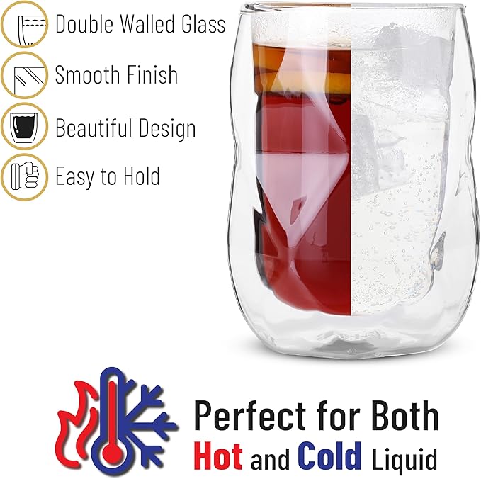 BTaT- Double Walled Glasses, 4 Pack, 12 oz (350 ml), Insulated Diamond Shaped Glass Cups, Double Wall Drinking Glasses for Iced Tea, Juices, Water, Cocktails, Hot and Cold Beverages
