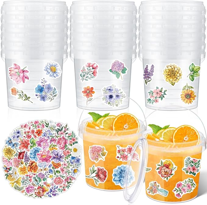 PerKoop 20 Pcs 32 oz Ice Cream Buckets with Lids and Handles Clear Cocktail Rum Buckets with Stickers Plastic Transparent Tub Reusable Food Storage Containers for Parties (Watercolor Flower)