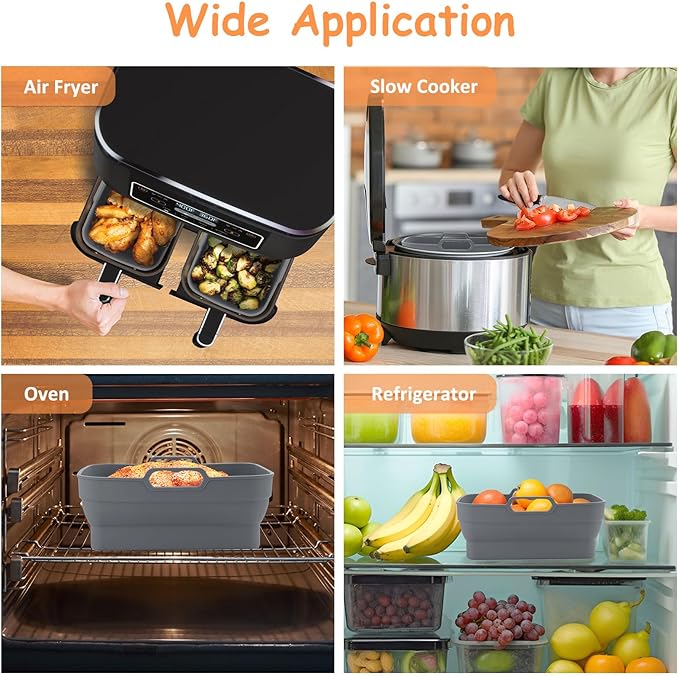 2Pcs Air Fryer Silicone Liners for Ninja SL401 /DZ201/ DZ401/ DZ550 8-10 QT, Reusable Liners for COSORI, Chefman, Instant Air Fryer, Silicone Air Fryer Basket Liners with Magnetic Cheat Sheet, Grey