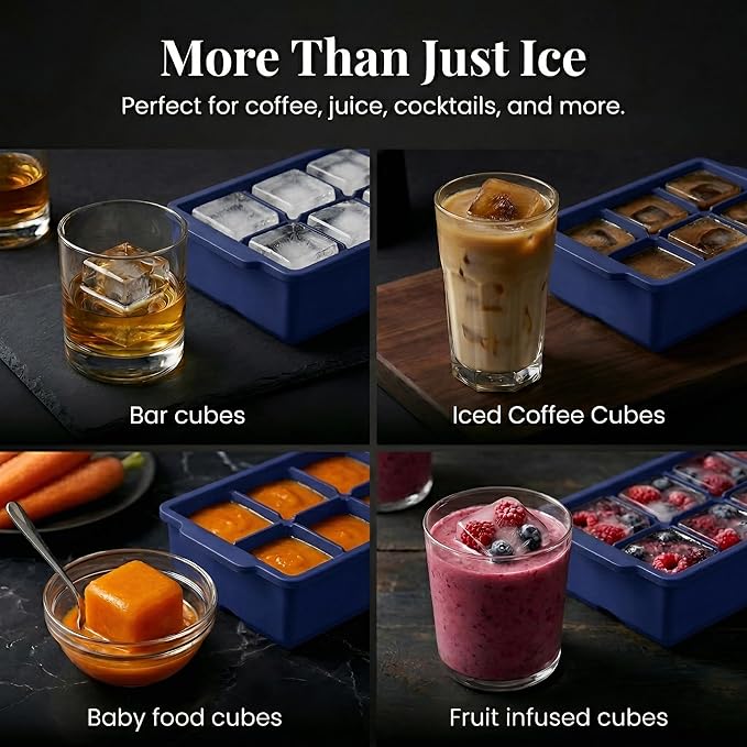 KitchFort Large Silicone Ice Cube Tray (2-Pack), Easy Release 2" Big Ice Cubes - Cocktail, Whiskey Ice Cubes Mold - Ice Trays for Freezer with Lid - Stackable Silicone Ice Tray - Navy Blue