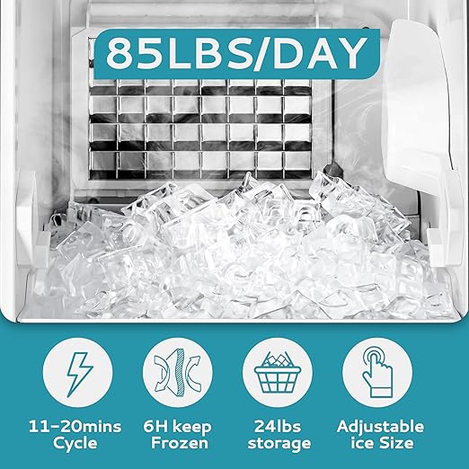 Commercial Ice Maker Machine 85Lbs/Day, 24Lbs Storage, Built-in Undercounter Ice Maker with Auto-Cleaning & Timer, Freestanding Stainless Steel Ice Machine, Ideal for Home Office Restaurant Bar