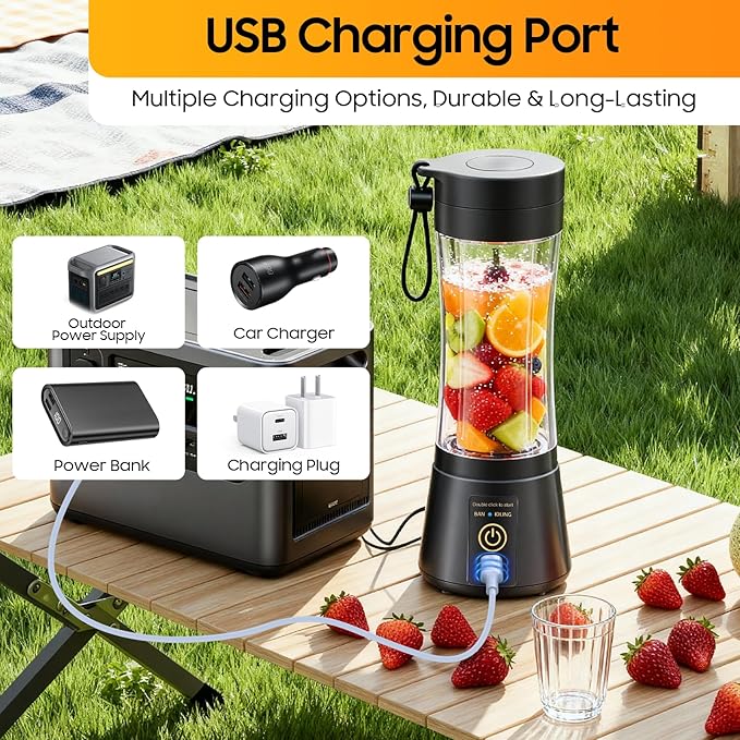 Cordless Portable Personal Size Blender - USB Rechargeable Blender for Smoothies and Shakes, 6 Blades with 380Ml BPA Free Juice Cup, Freshly Squeezed for Picnic/Sports