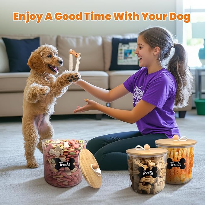HOYTAMDAR 3 Pack Airtight Dog Food Storage Container, Dog Treat Container Dog Food Containers with Bamboo Lids 8x7''&6x5'',Pet Food Storage Container,Cat Food Container with Scoops,Clamp,Labels,Pen