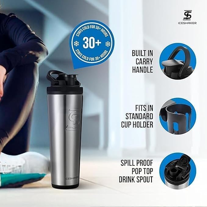 Ice Shaker Insulated Stainless Steel Shaker Bottle | 32oz, Stainless Steel | Cold for 30+ Hours | Insulated Cup with Twist-on Agitator | Odor-Free Bottle for Protein Shakes,Water, Smoothies,Cocktails