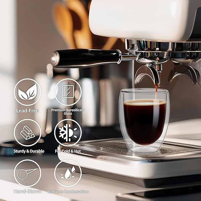NIRA.Z 4 Pack 11.6oz/343ml Double Wall Glass Coffee Mugs, No Hole Bottom, Insulated Borosilicate Glass Coffee Cups, Clear Mugs for Hot & Cold Beverages, Perfect for Espresso, Latte, Tea, Cappuccino
