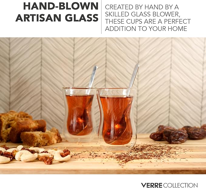 Verre Collection Turkish Tea Cups 4.25 oz, Lightweight Turkish Tea Glasses, Heat Resistant Double Wall Tea Cups, Insulated Turkish Tea Set of 2