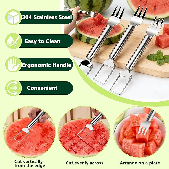 Watermelon Cutter, 2-in-1 Stainless Steel Fruit Cutter, Dual Head Watermelon Fork Slicer Tool, Summer Fruit Cutting Kitchen Gadget for Home (Round-1PCS)