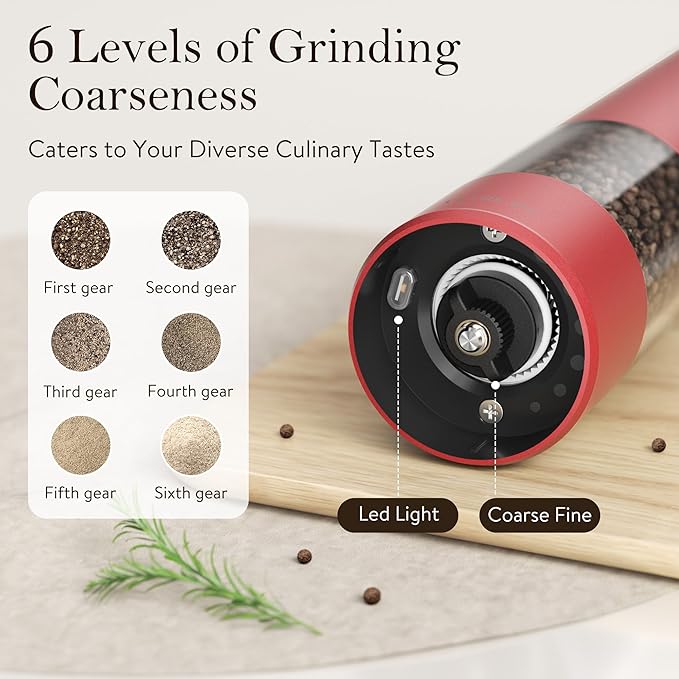 Ultrean Pepper Grinder, Rechargeable Salt and Pepper Grinder with 6 Adjustable Coarseness, LED Light, Automatic Salt and Pepper Shakers, Cooking Gifts Valentines Day Gifts for Women, Crimson Red