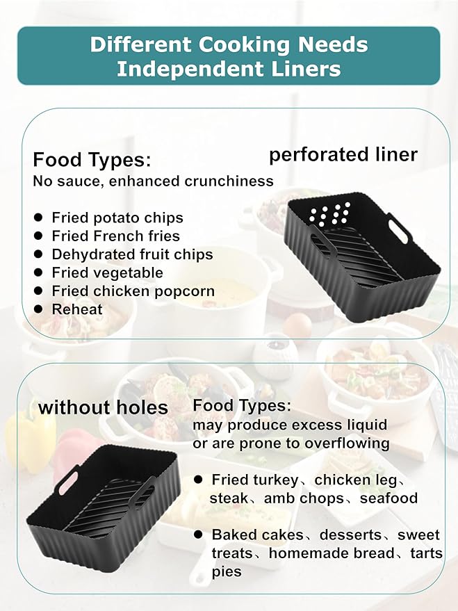 Szyeequoo Silicone Air Fryer Liners 2 Pack for Ninja Dual Zone, 1 Perforated and 1 Solid, Rectangle Reusable Liners for DZ201 DZ401 DZ550 DZ302, COSORI 9QT Instant Chefman Dual Basket Air Fryers