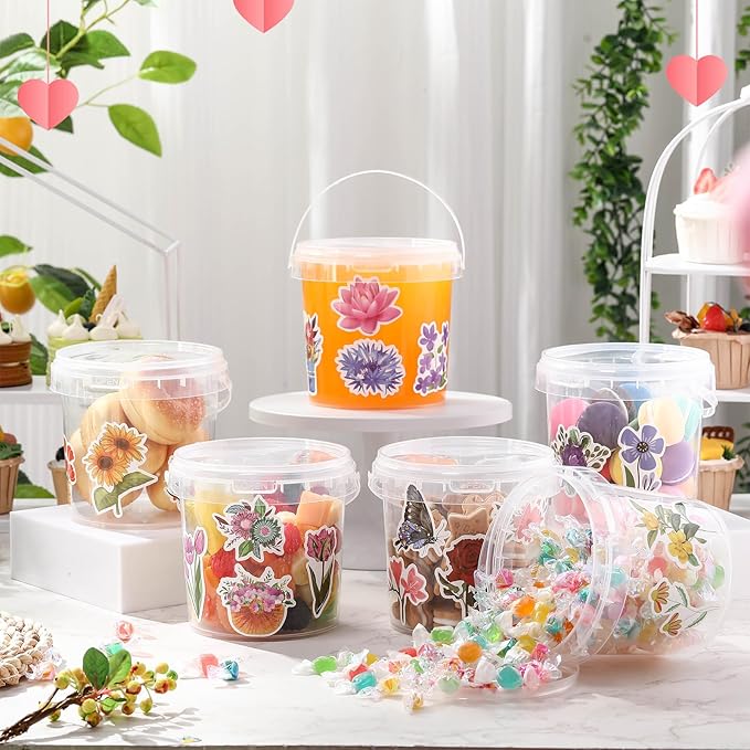 PerKoop 20 Pcs 32 oz Ice Cream Buckets with Lids and Handles Clear Cocktail Rum Buckets with Stickers Plastic Transparent Tub Reusable Food Storage Containers for Parties(Floral Leaf)