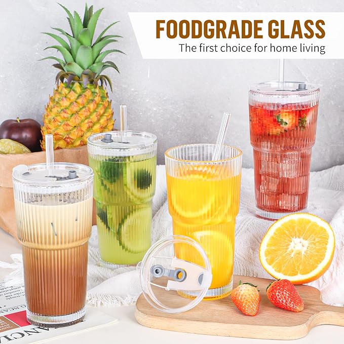 CWHHRN 20 oz Glass Cup with Lid and Straw, Glass Tumbler with Straw and Lid, Vintage Glassware for Whiskey Cocktail Beer, Iced Coffee Cups with Lid (3 PACK)