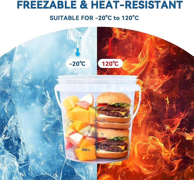 4 Pack 3 Quart Clear Plastic Buckets with Airtight Pressure Lids - Food Grade Storage Containers with Tear Strip & Blue Measurement Markings for Food, Soup, Freezer