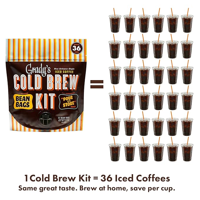 GRADY'S COLD BREW, French Vanilla, 100% Arabica Ground Coffee & Chicory Pouches, All-in-One Cold Brew Kit with 12 Easy-to-Brew Bags, Makes 36 Drinks